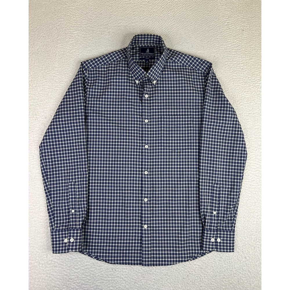 Wool & Prince Shirt Mens Medium Blue Check Wool Button Down Long Sleeve Slim Fit